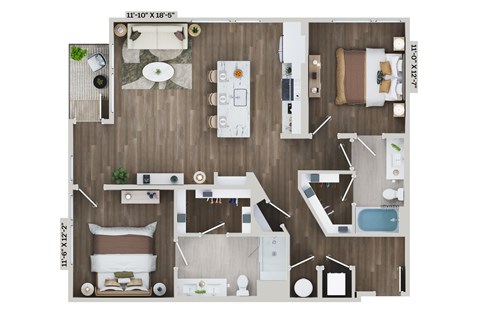 Floor plan for 2 beds, 2 baths, 1233 sqft